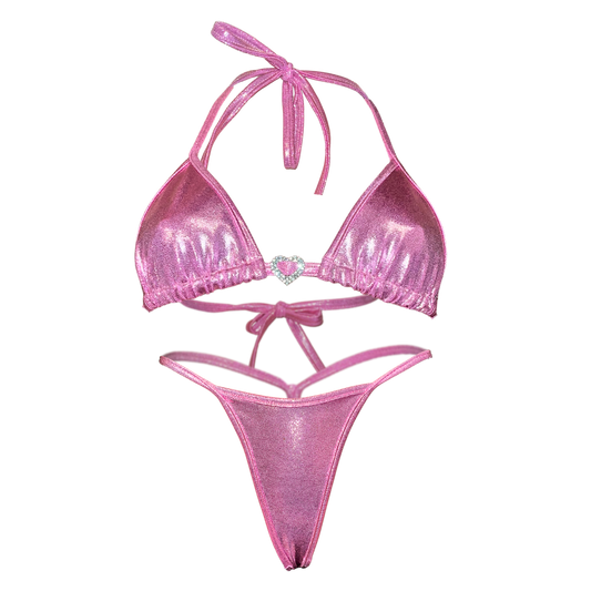 Holographic Y Back Thong Bikini- Bubblegum Pink