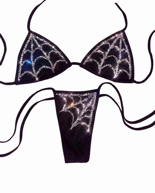 Rhinestone Spiderweb Thong Bikini