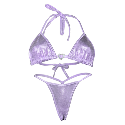 Holographic Y-Back Thong Bikini in Lilac
