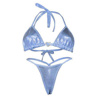 Holographic Y-Back Thong Bikini in Baby Blue