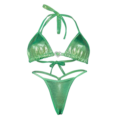 Holographic Y-Back Thong Bikini in Green