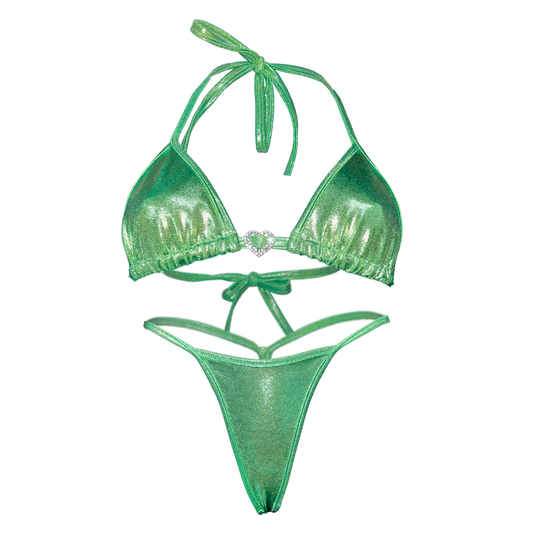 Holographic Y Back Thong Bikini- Green