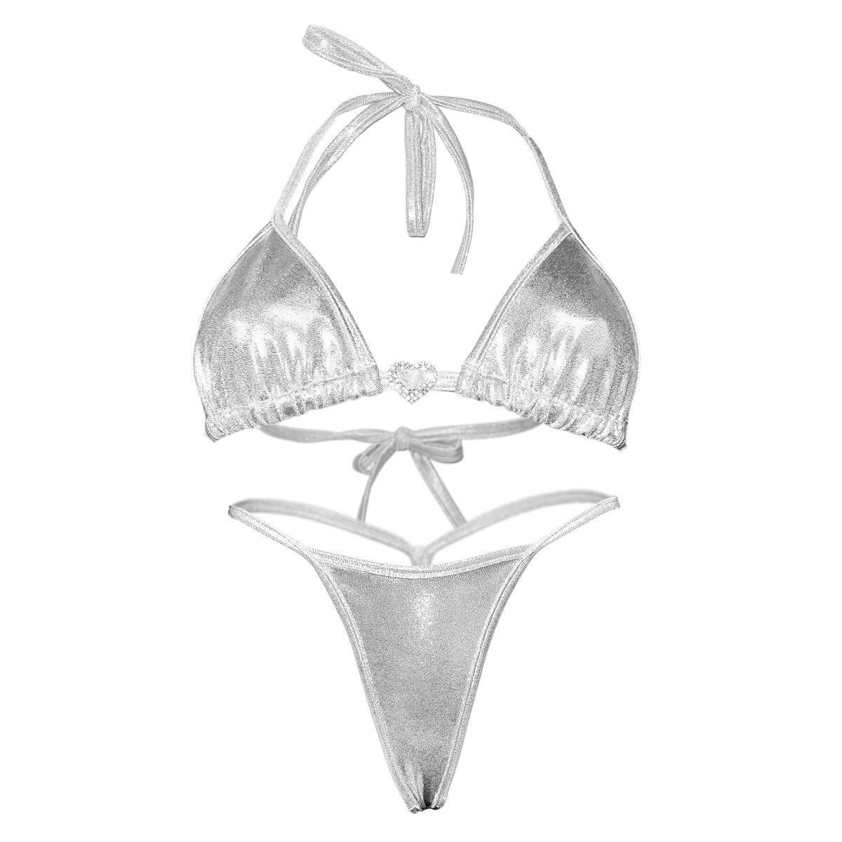 Holographic Y-Back Thong Bikini in Silver