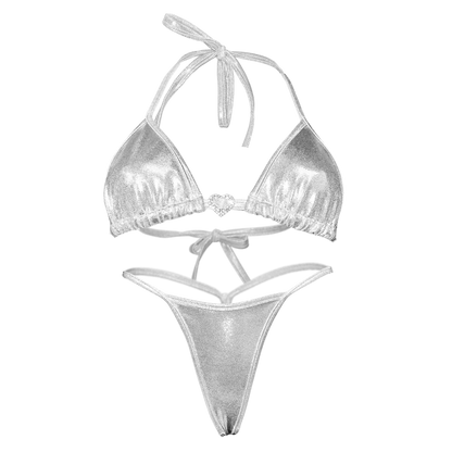 Holographic Y-Back Thong Bikini in Silver