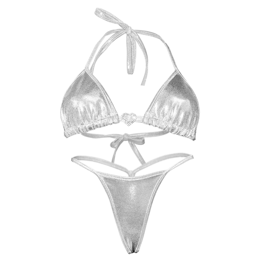 Holographic Y Back Thong Bikini- Silver