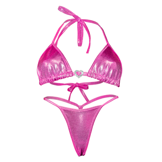 Holographic Y Back Thong Bikini- Magenta