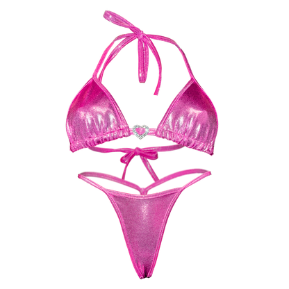 Holographic Y-Back Thong Bikini in Magenta